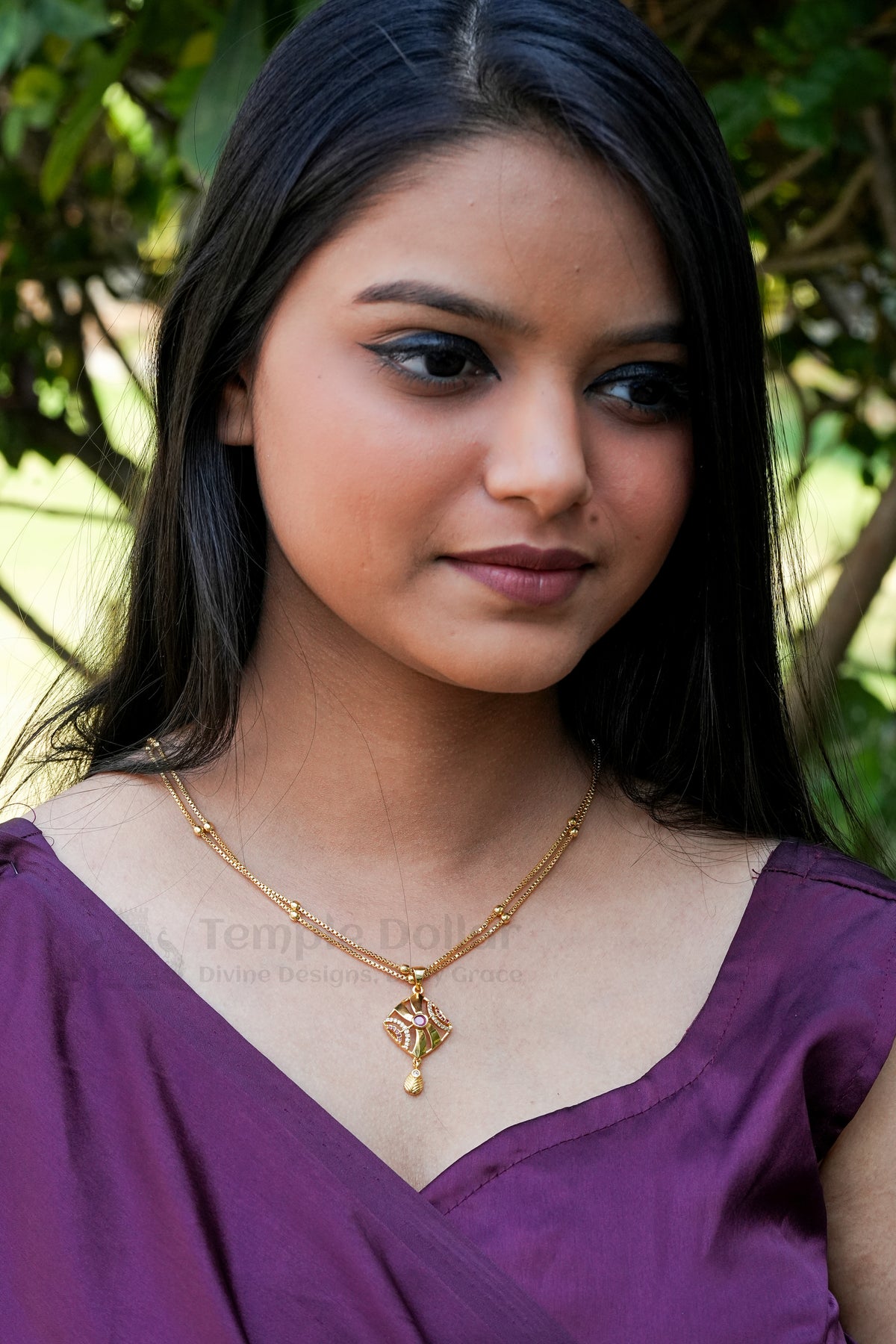 Pendant Chain for Women | Pink AD Stone Daily Wear Gold Necklace
