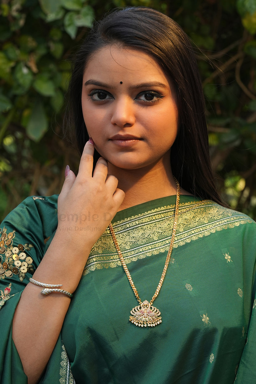 Twin Peacock Pendant Necklace with Designer Lotus Chain