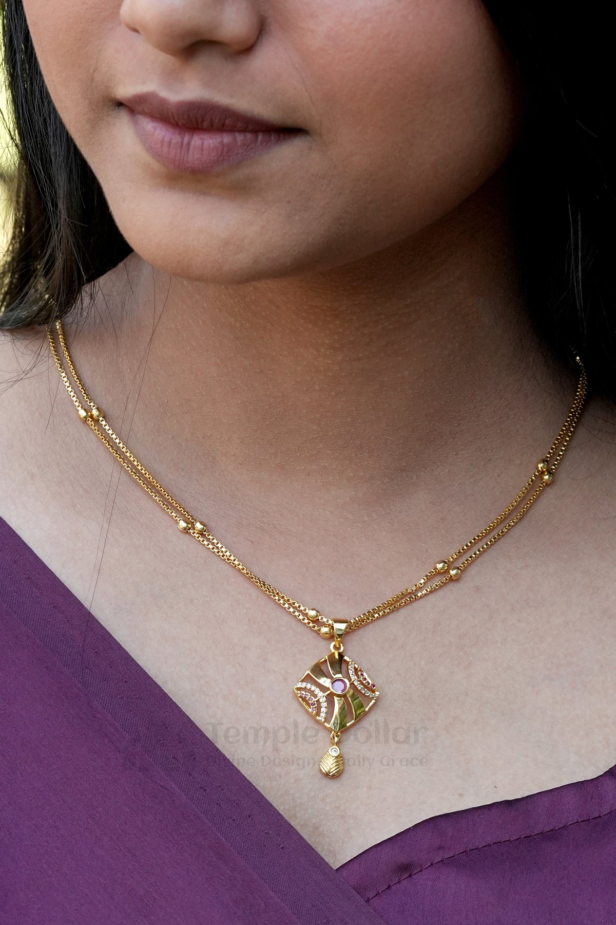 Pendant Chain for Women | Pink AD Stone Daily Wear Gold Necklace