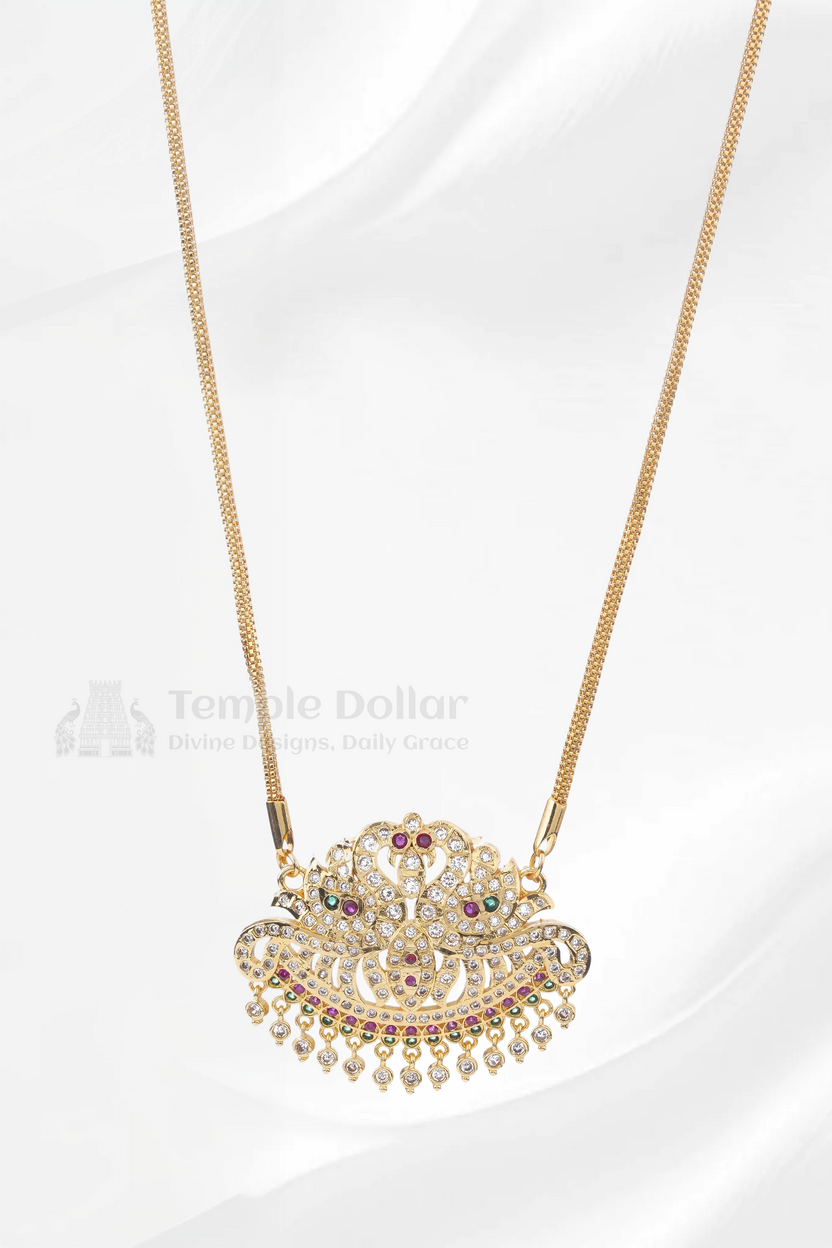 Twin Peacock Crescent Pendant with Square Mesh Chain