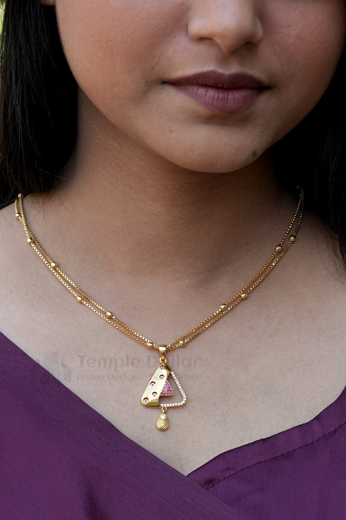 Pendant Chain for Women | Triangle AD Stone Daily Wear Gold Necklace