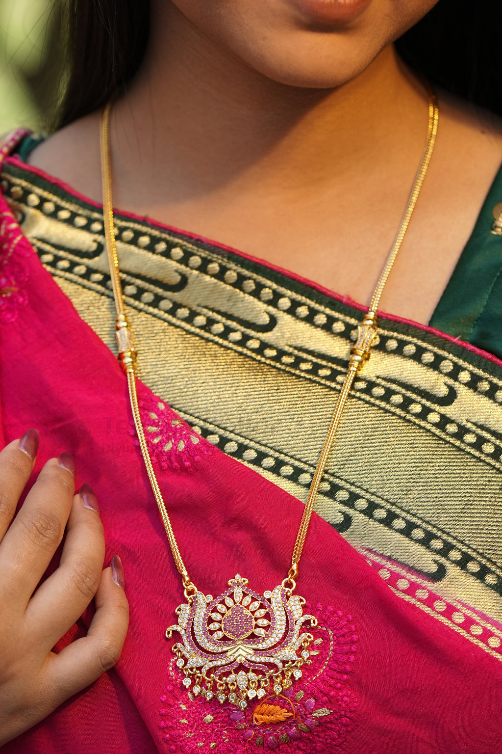 Ruby & White Floral Lotus Pendant with Twisted Rope Chain