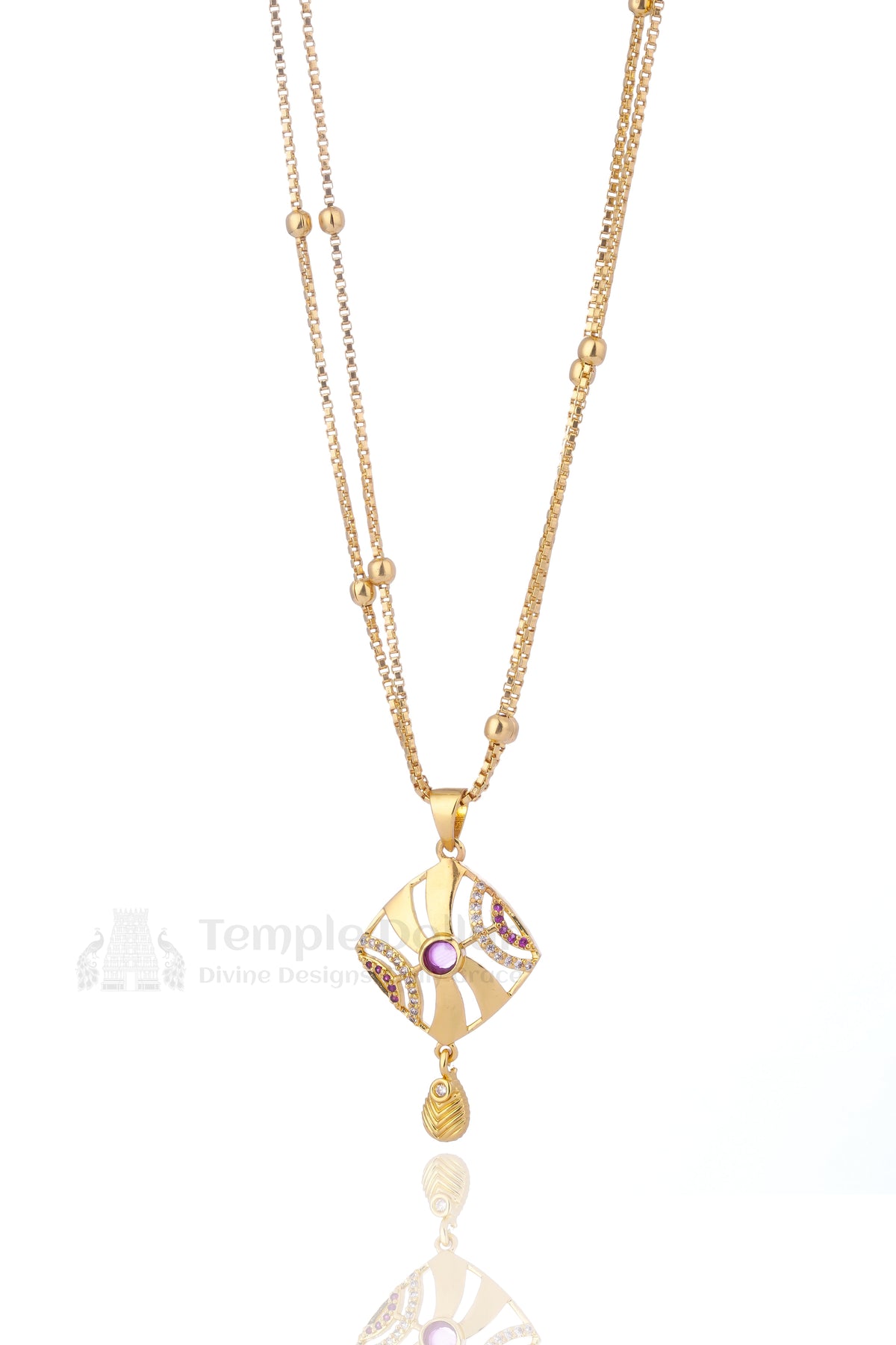 Pendant chain for women - pink AD stone daily wear gold necklace with designer cutwork by Temple Dollar