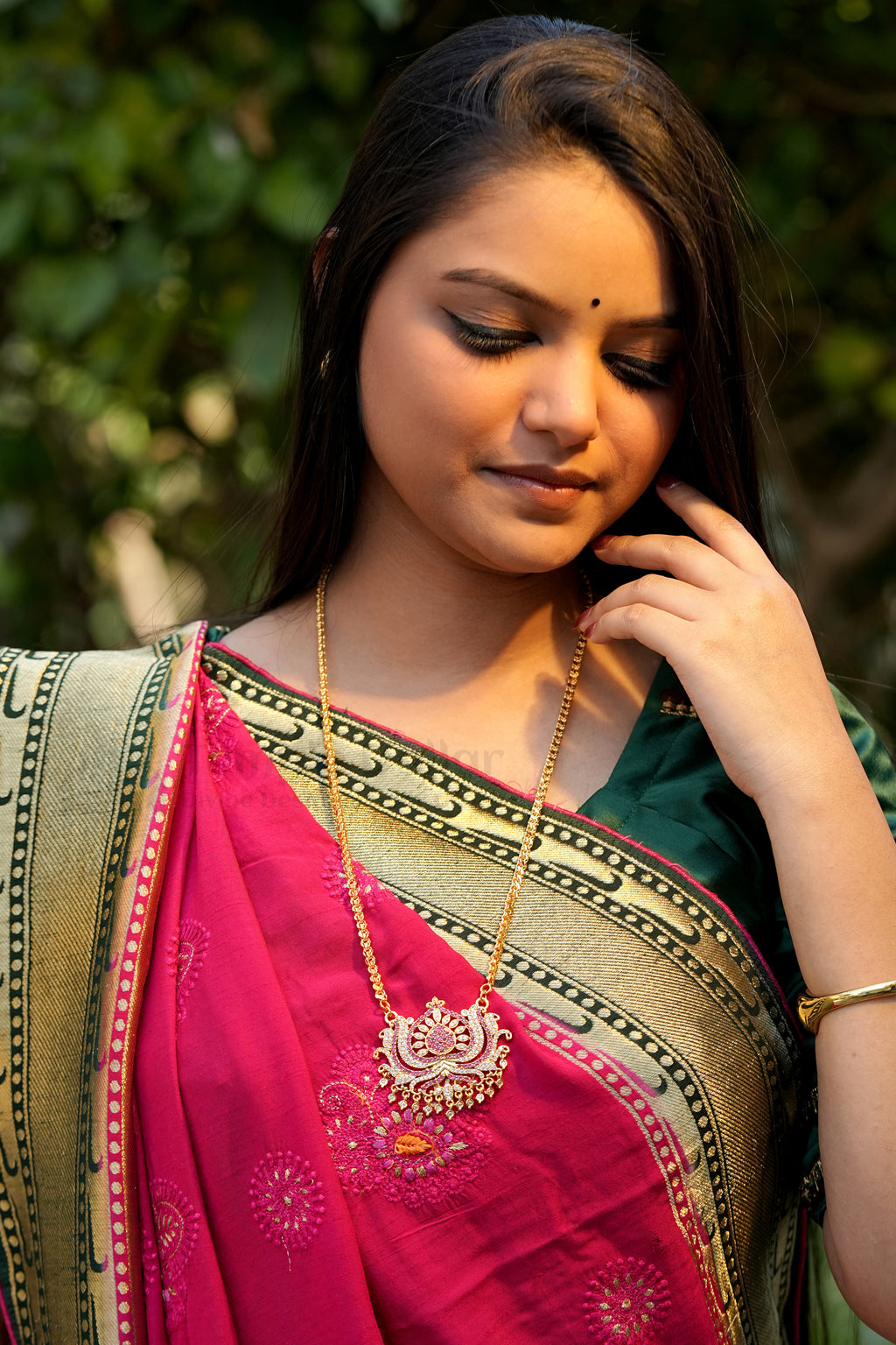 Ruby & White Floral Lotus Pendant with Square Mesh Chain