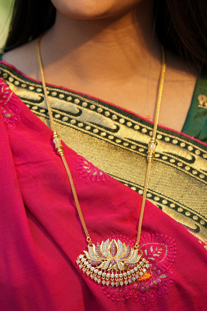Blooming Lotus Pendant Necklace with Ruby Pink & American Diamonds