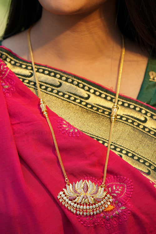 Blooming Lotus Pendant Necklace with Ruby Pink & American Diamonds