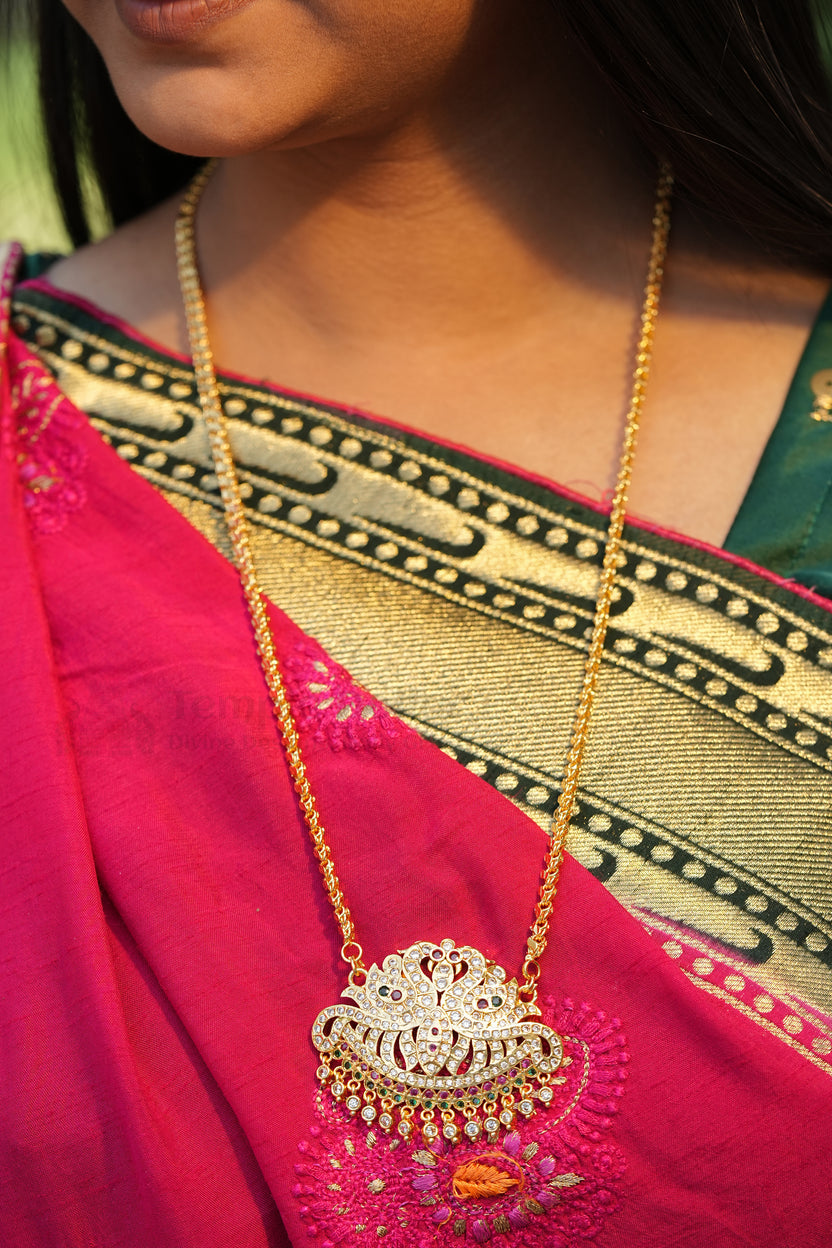 Twin Peacock Crescent Pendant with Mugappu Chain