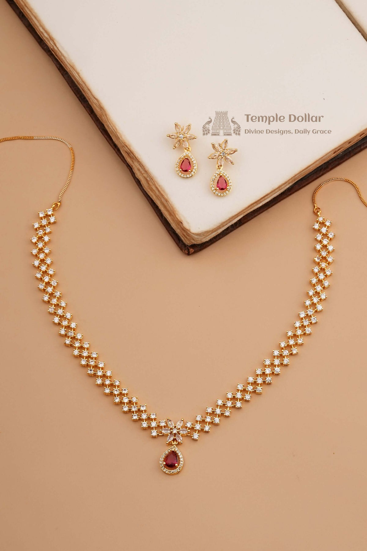 Ruby Red Crystal Necklace Set for Women, Gold Plated Floral Design Necklace with Matching Earrings, American Diamond Jewelry Set