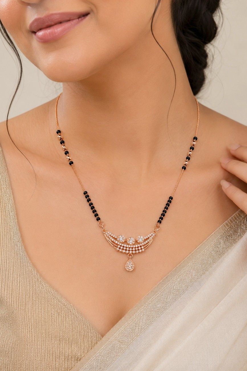 Black & White Crescent Rose Gold AD Mangalsutra