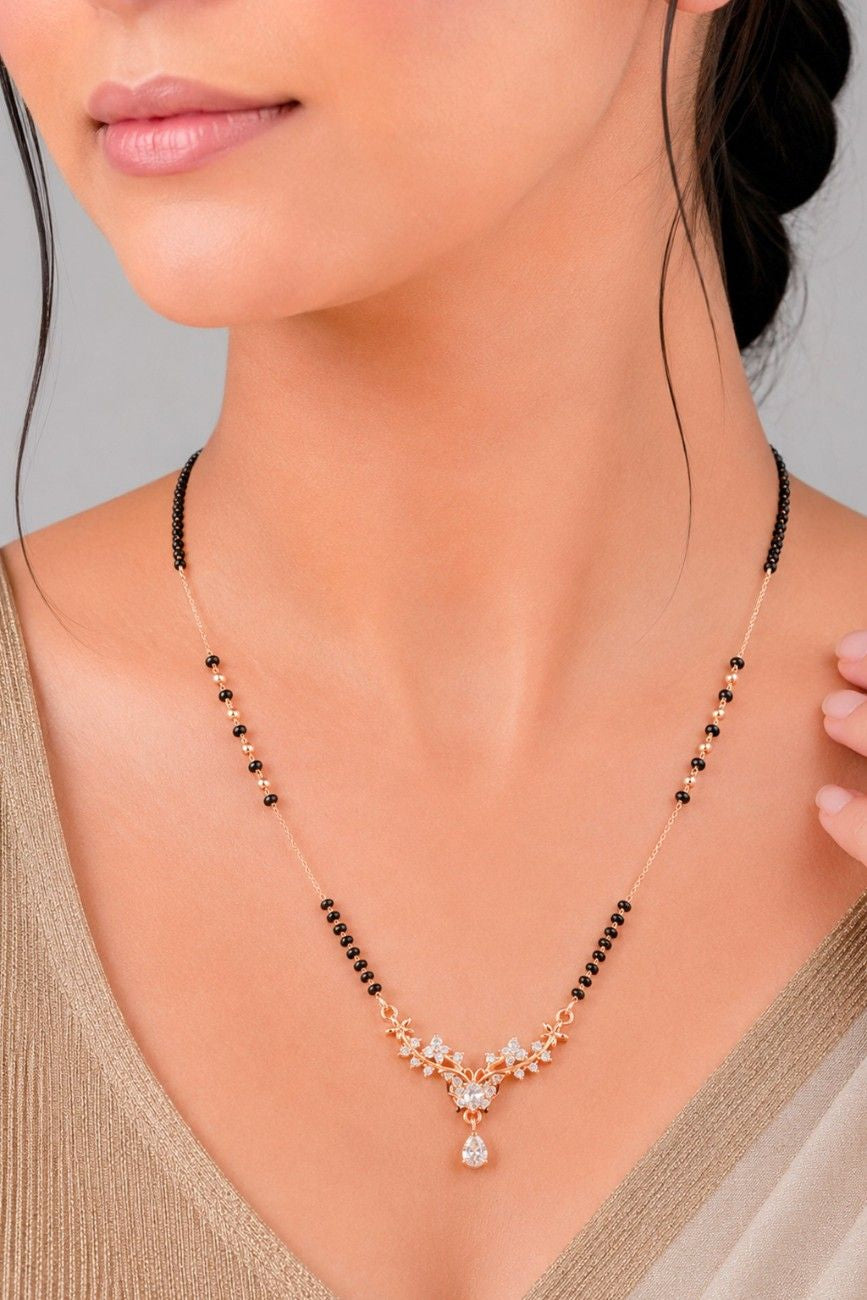 Elegant Crystal V Pendant Rose Gold AD Mangalsutra