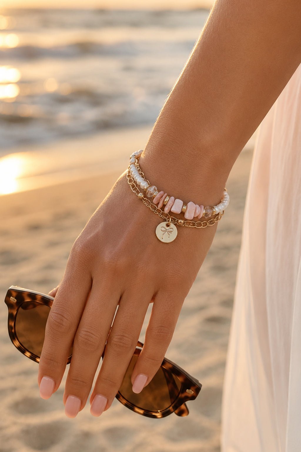 Pink Stone and Pearl Layered Bracelet