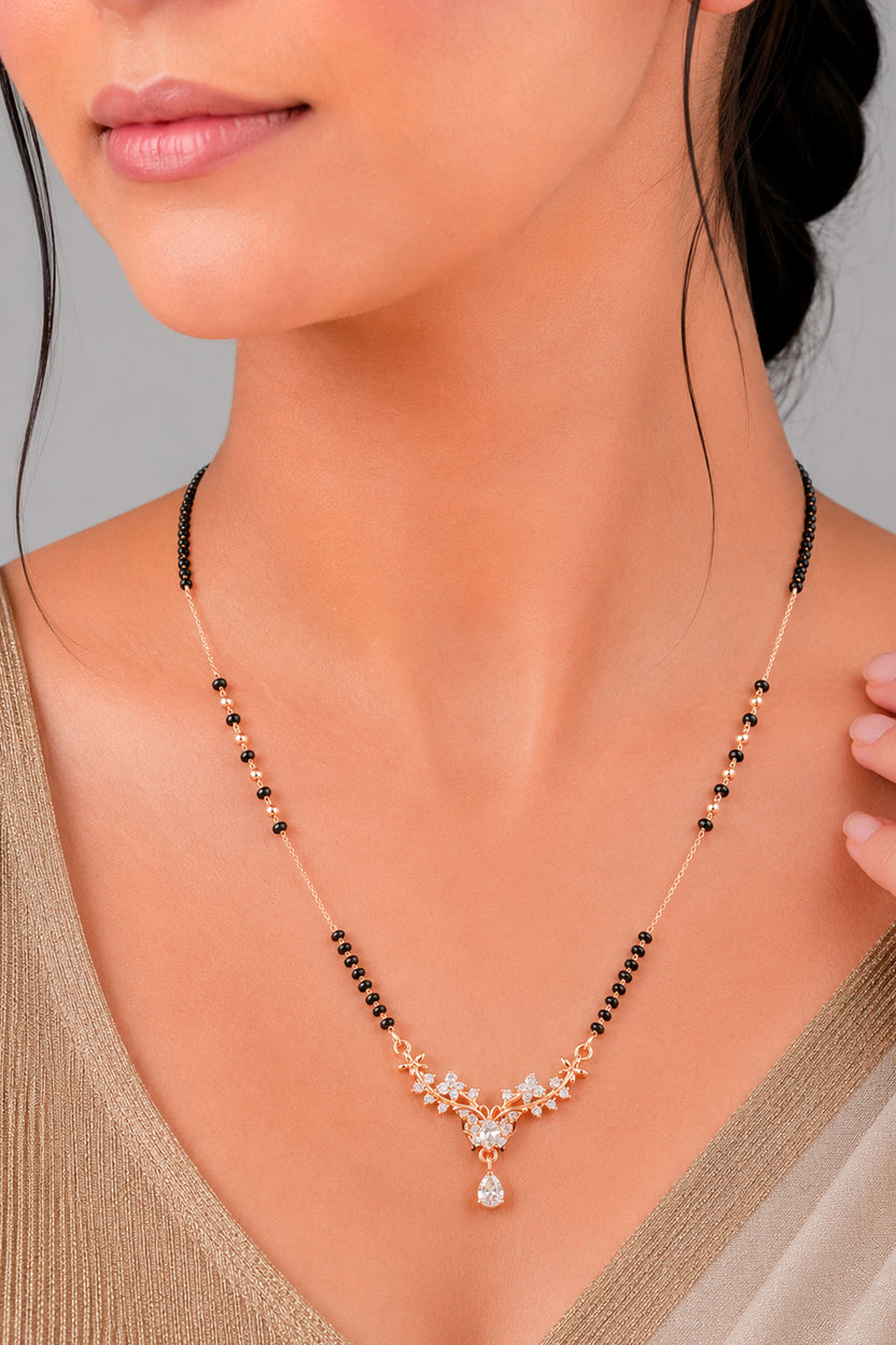 Elegant Crystal V Pendant Rose Gold AD Mangalsutra