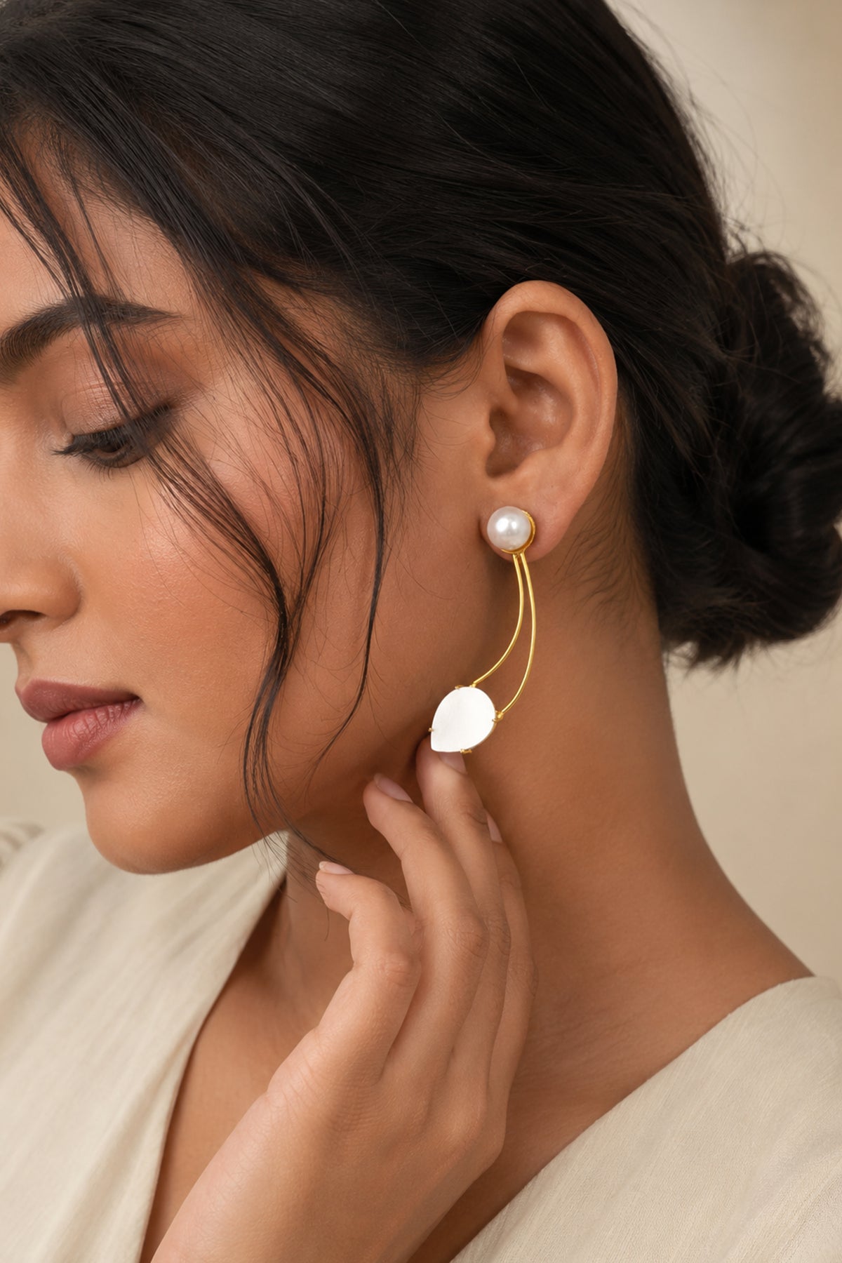Gold Toned Pearl and Stone Studded Earrings