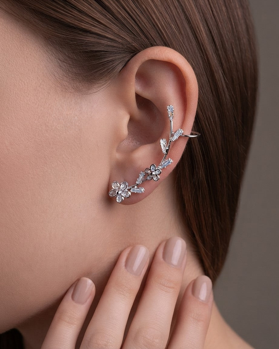 Enchanted Winter Blossom Ear Cuff Silver Flora Wrap