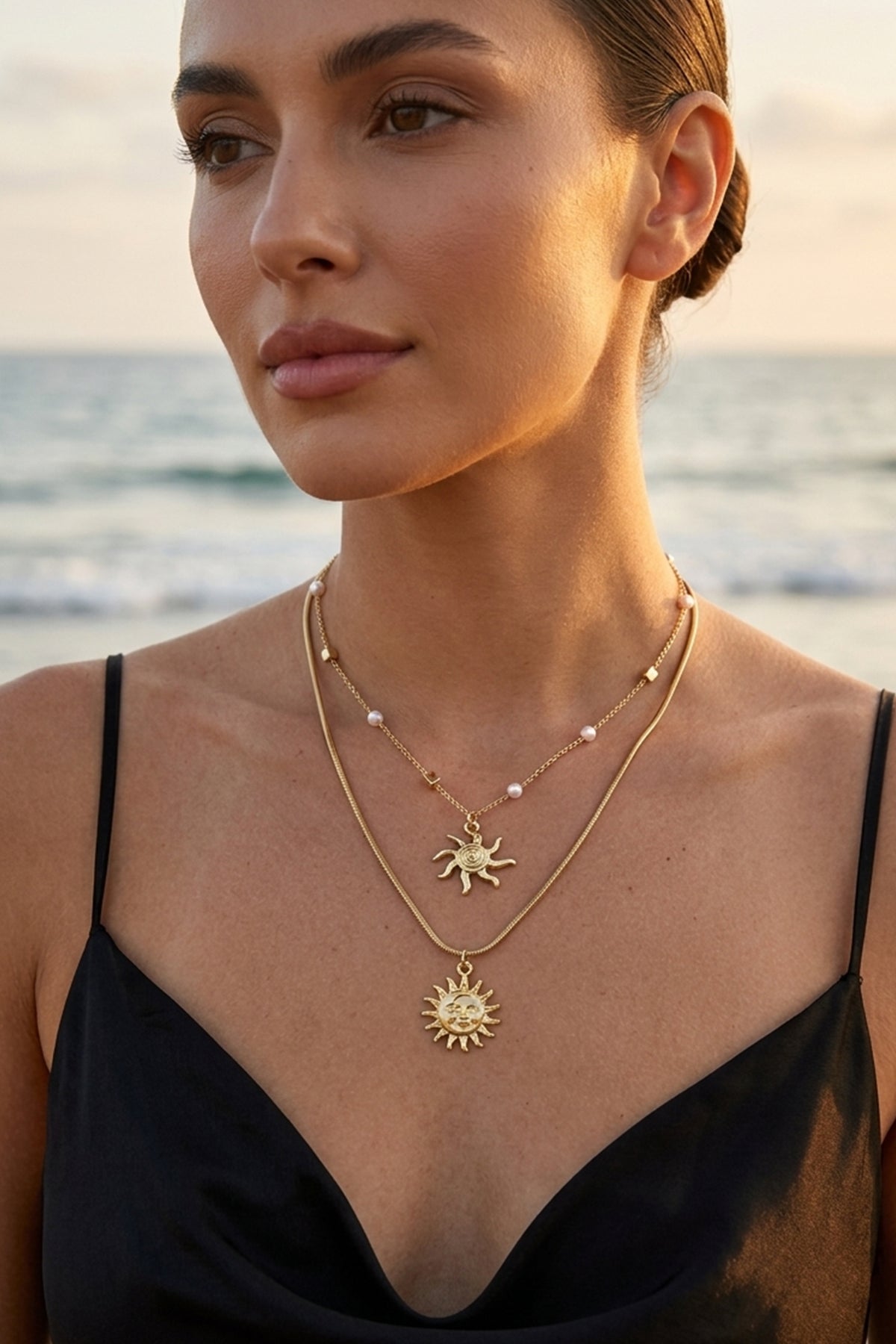 Double Layered Sun Charm Necklace