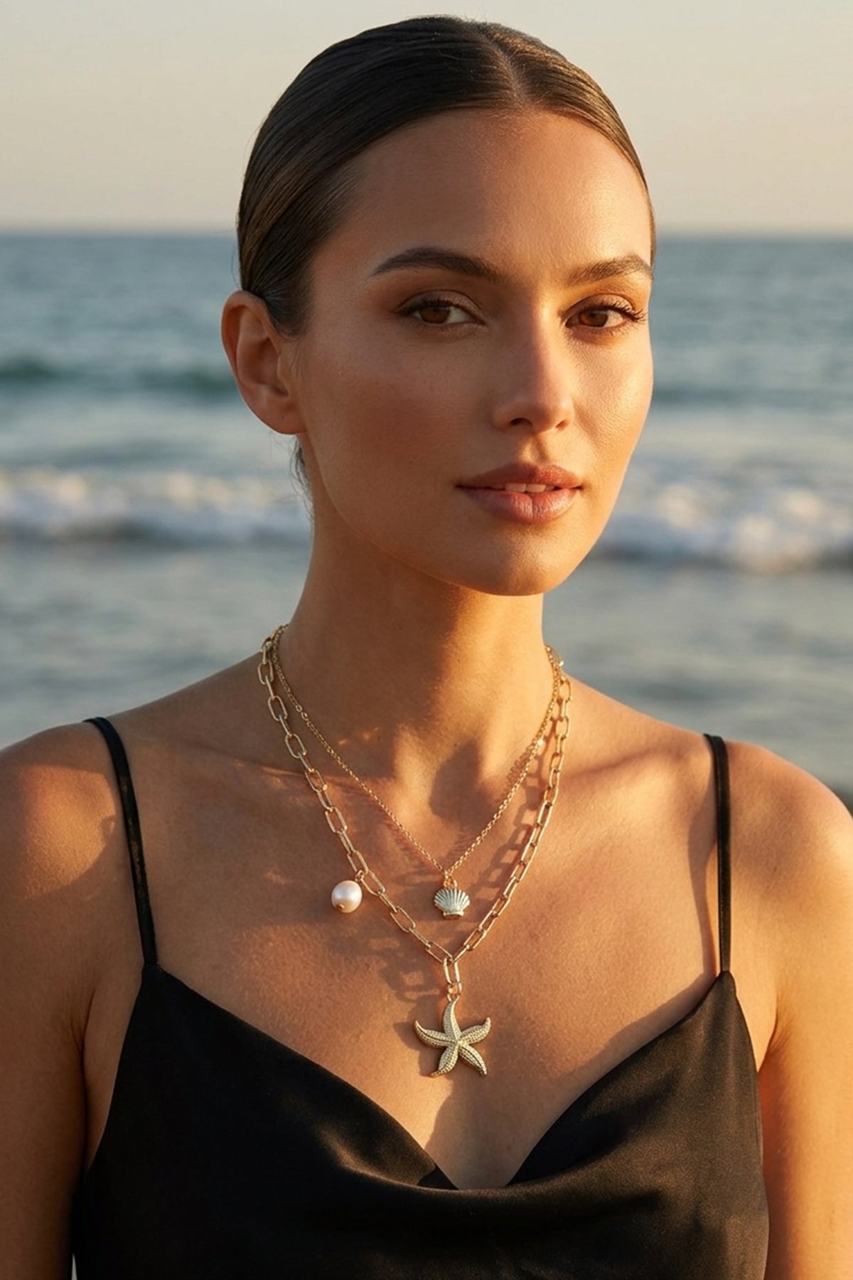 Layered Starfish and Seashell Charm Necklace