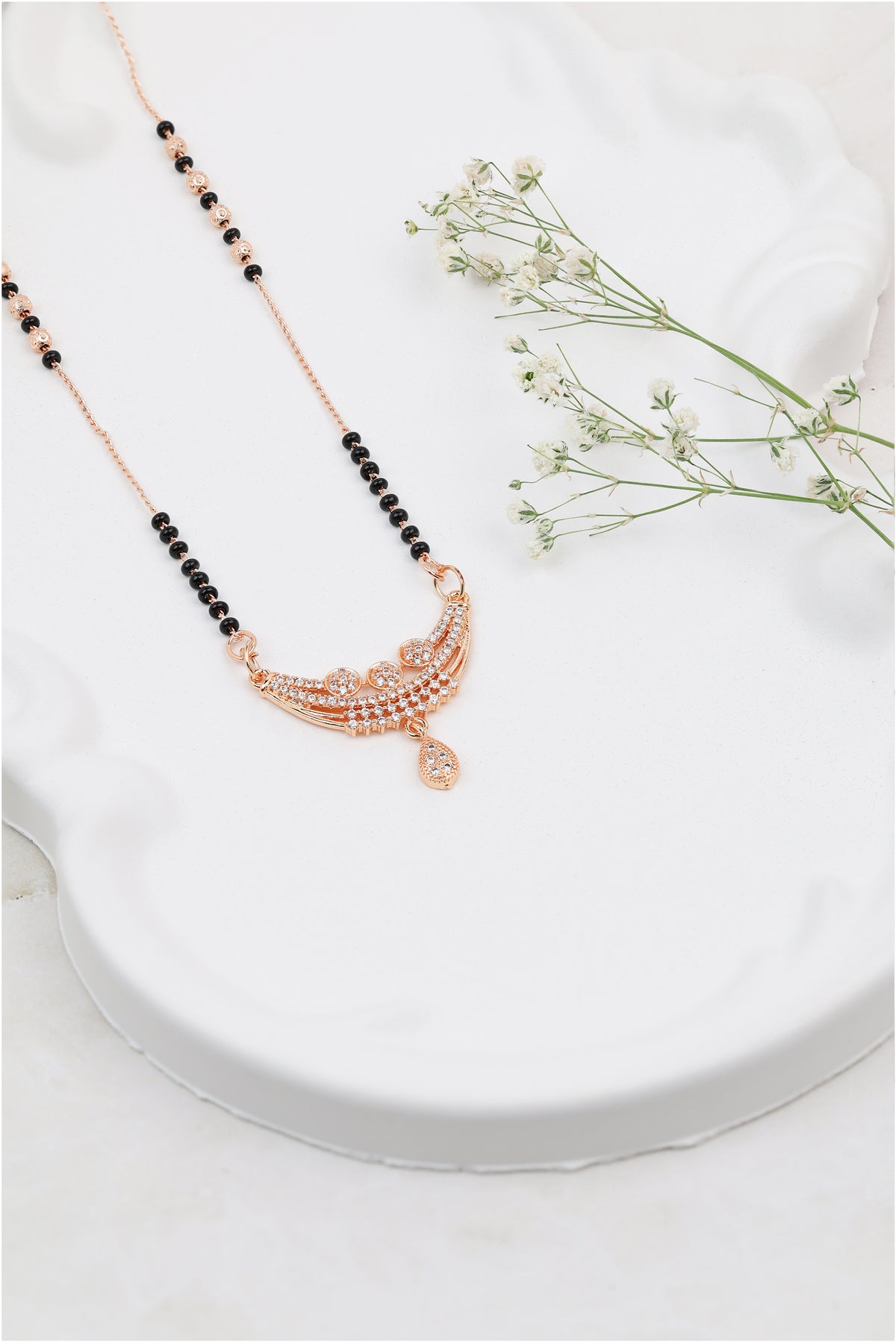 Rose-Toned Crescent Diamond Mangalsutra - detail view