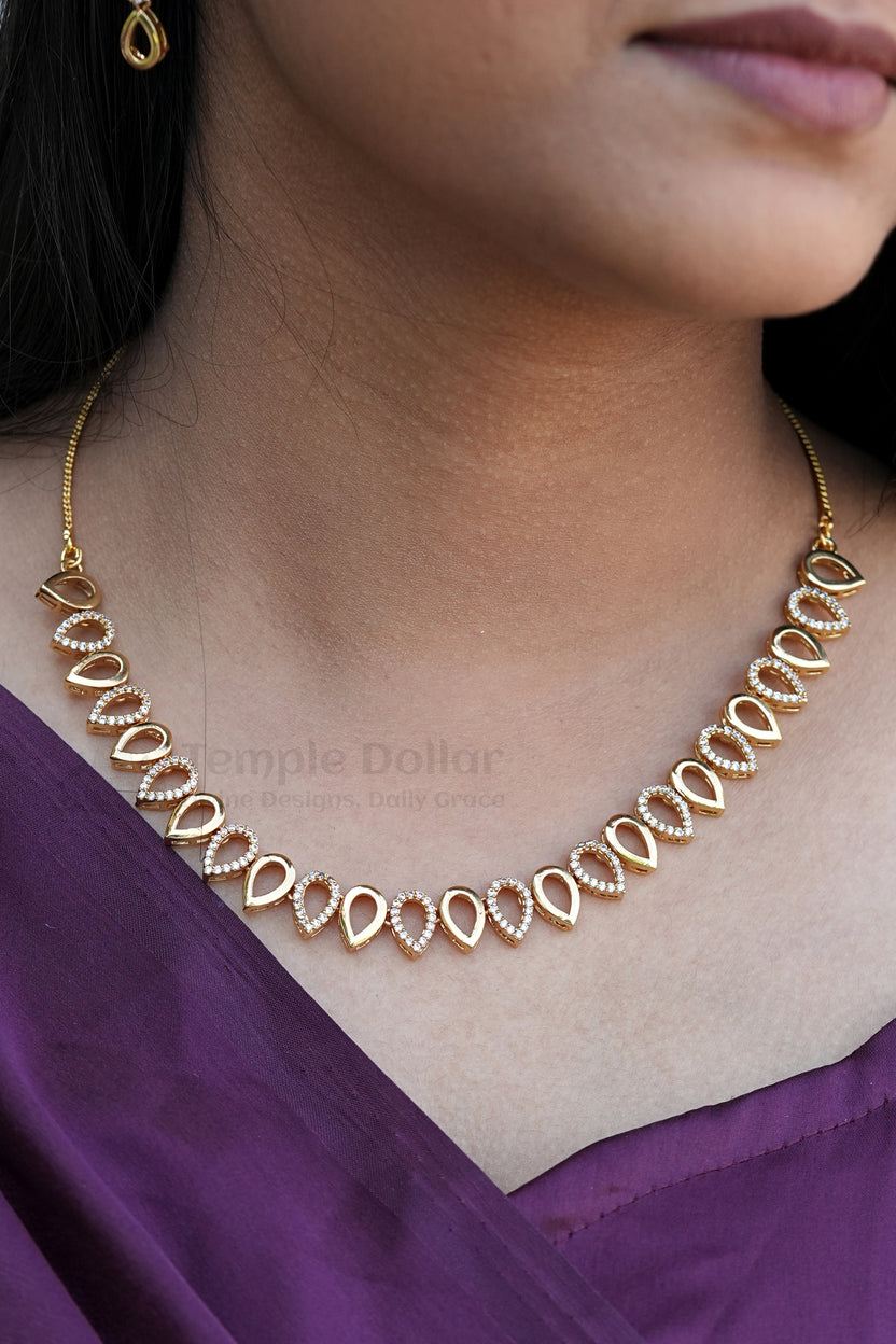 All-White CZ Stone Antique Gold Plated Necklace & Long Drop Earrings | Premium South Indian Temple Jewelry.