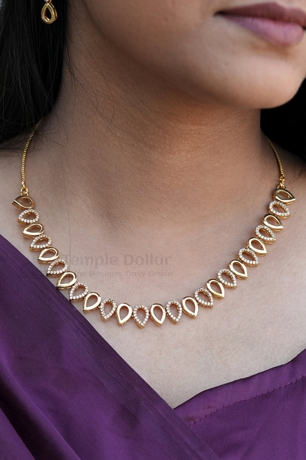 All-White CZ Stone Antique Gold Plated Necklace & Long Drop Earrings | Premium South Indian Temple Jewelry.