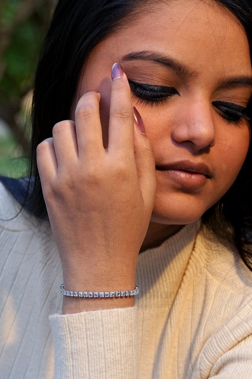 Silver Plated Princess Cut American Diamond Tennis Bracelet