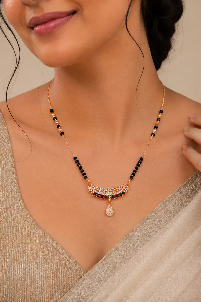 Rose-Toned Floral Crown Mangalsutra by Temple Dollar - blossoming pendant with a cluster of CZ petals