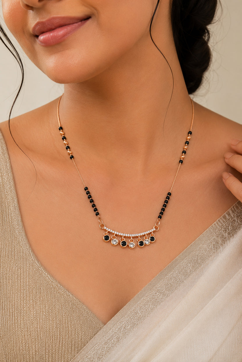 Rose-Toned Alternating Black and White Stone Fringe Mangalsutra by Temple Dollar