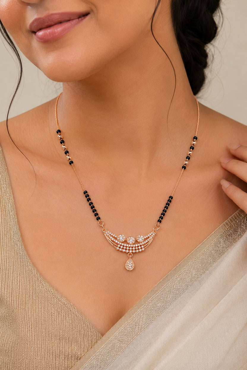 Rose-Toned Crescent Diamond Mangalsutra by Temple Dollar - crescent pendant with American Diamond (CZ) stones