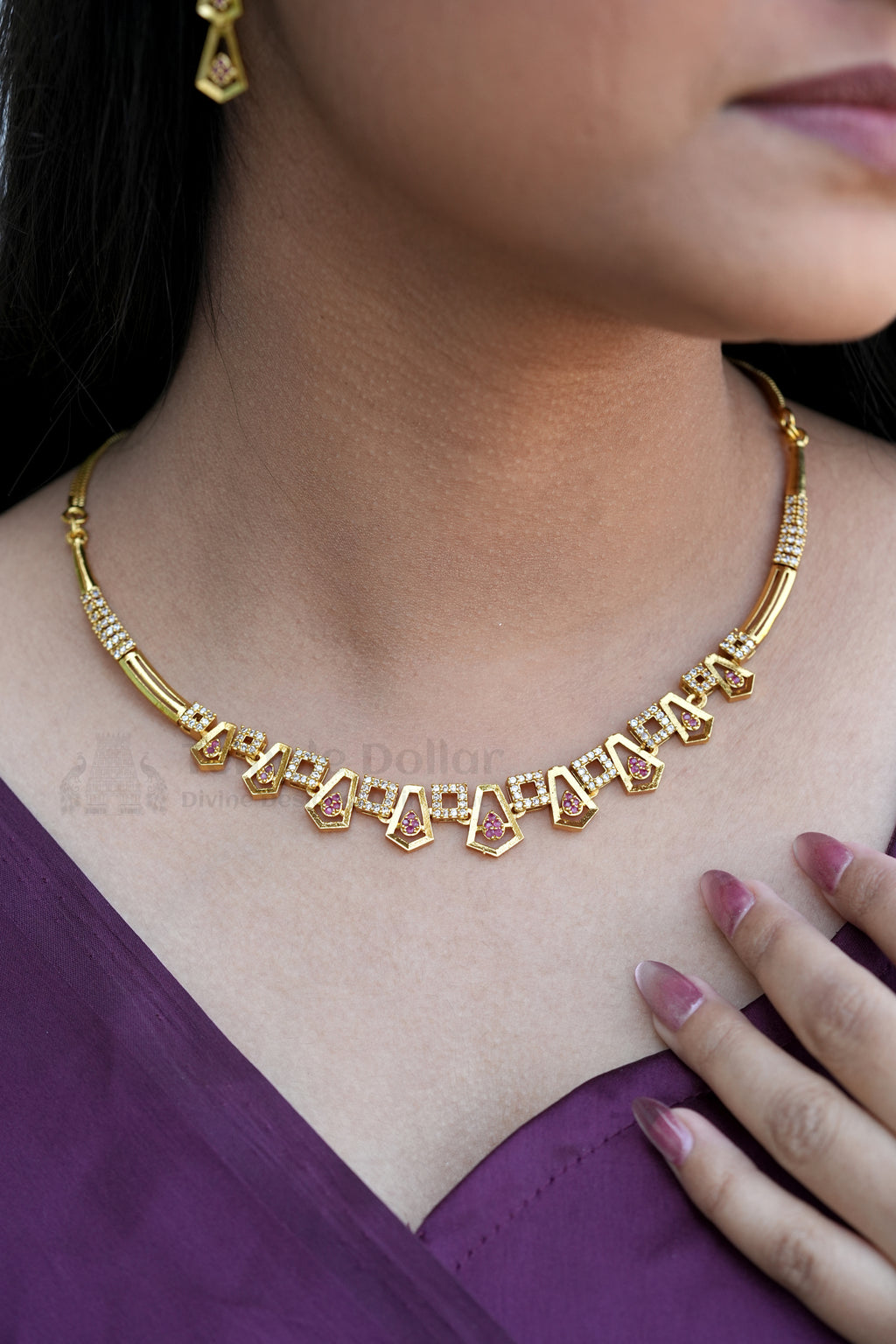 Antique Gold Plated Pentagon Motif Necklace & Drop Earrings Set | Premium Ruby & White Stone Imitation Jewelry