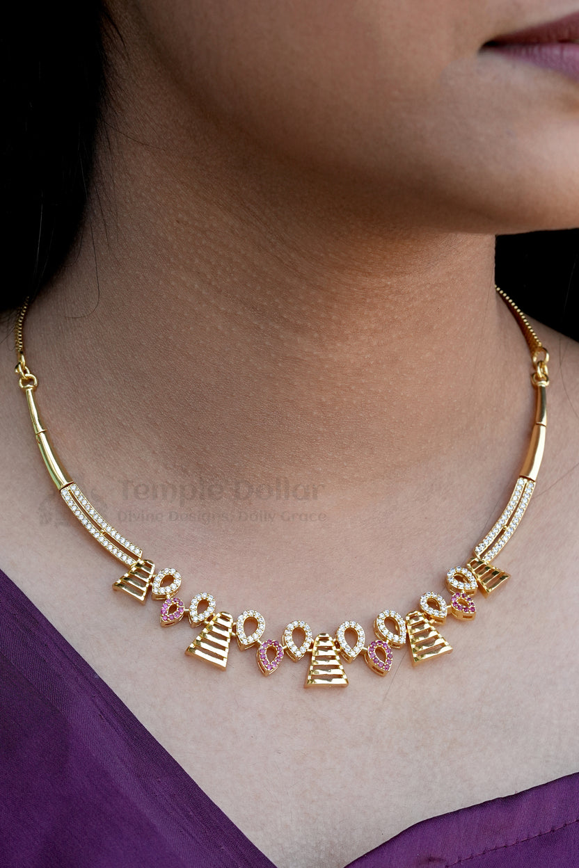 Antique Gold Plated Triangle Motif Necklace & Earrings Set | Premium Ruby Stone Temple Jewelry for Women | South Indian Wedding Wear.