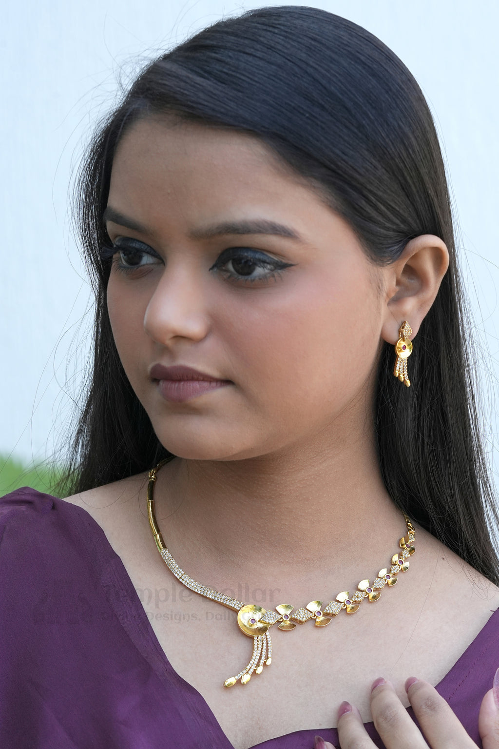 Traditional South Indian Matte Gold Jewelry Set | Antique Finish Floral and Geometric Necklace & Earrings with Ruby CZ Stones.