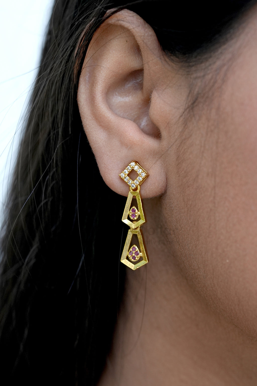 Antique Gold Plated Pentagon Motif Necklace & Drop Earrings Set | Premium Ruby & White Stone Imitation Jewelry