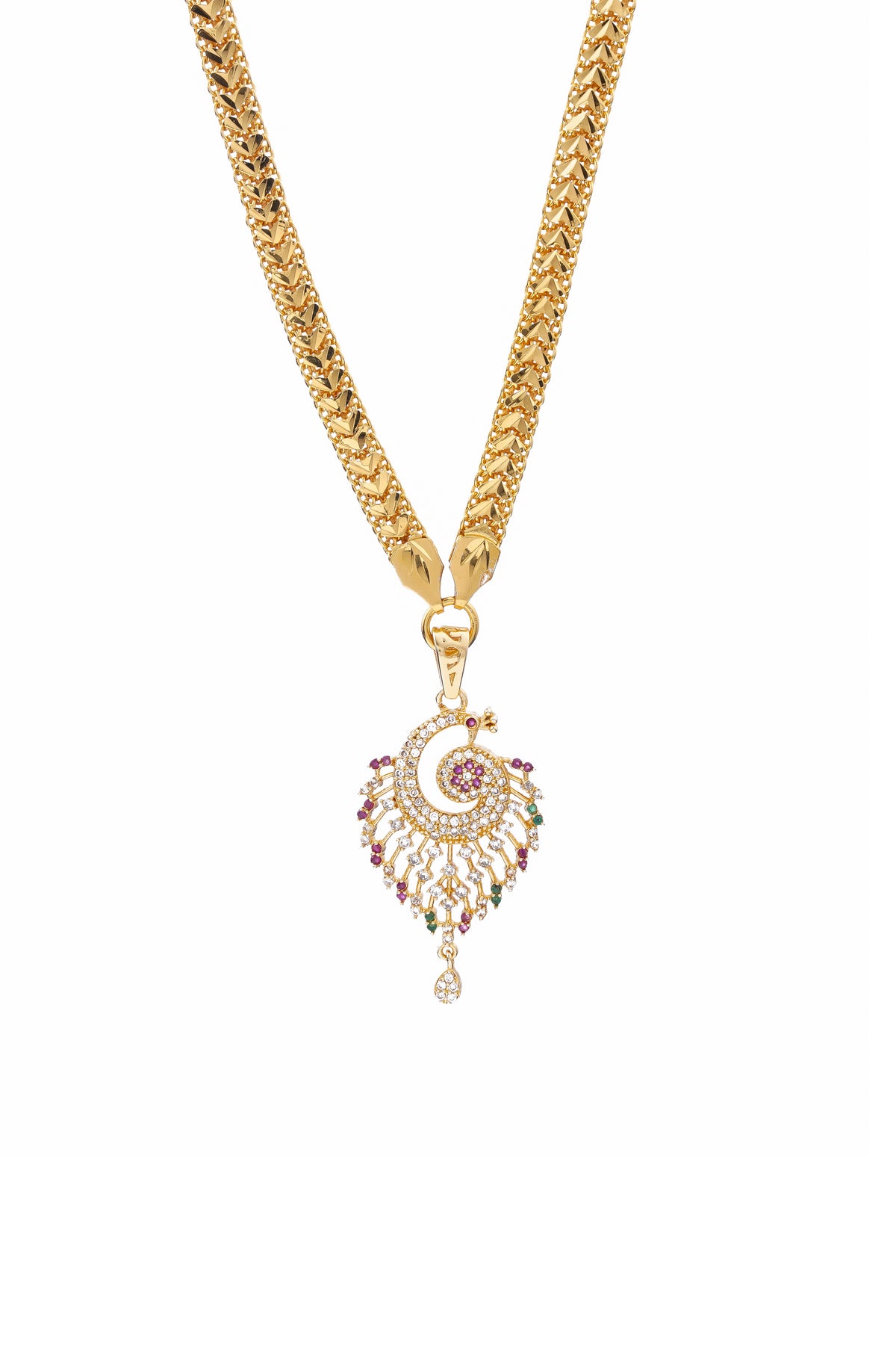Stylized Peacock Swirl Pendant with V-Link Chain