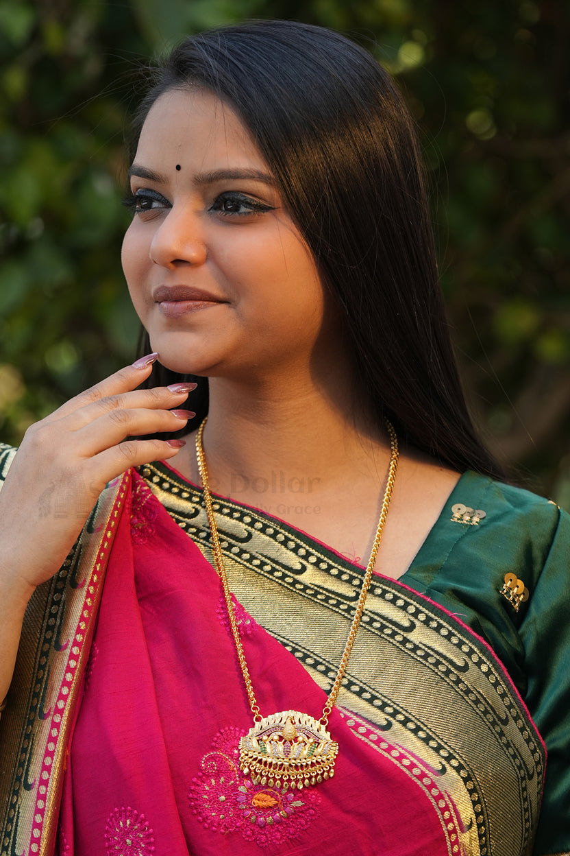 Peacock on Lotus Textured Pendant with Mugappu Chain