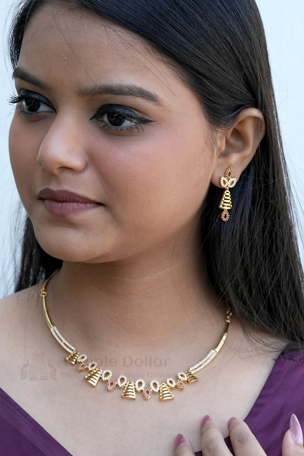 Antique Gold Plated Triangle Motif Necklace & Earrings Set | Premium Ruby Stone Temple Jewelry for Women | South Indian Wedding Wear.