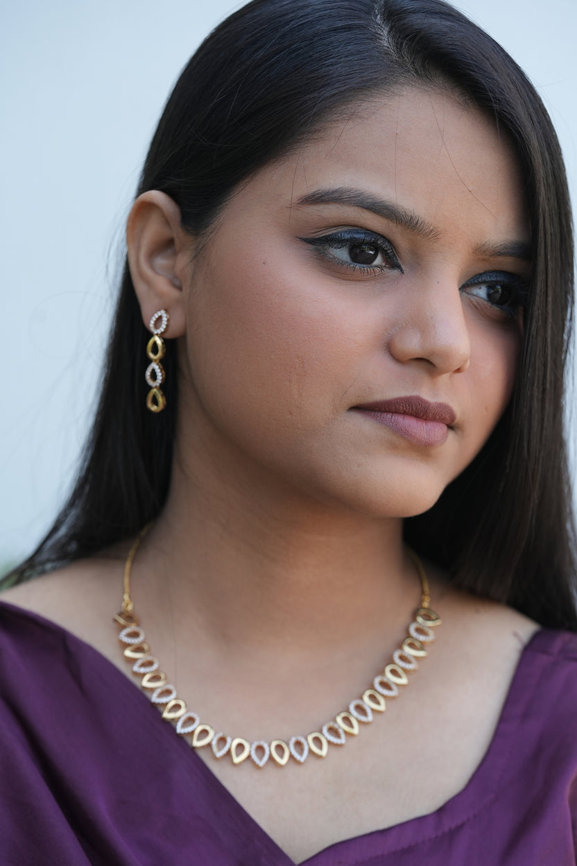 All-White CZ Stone Antique Gold Plated Necklace & Long Drop Earrings | Premium South Indian Temple Jewelry.