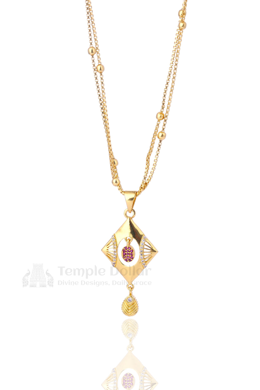 Pendant chain for women - white AD stone daily wear gold necklace with pink accents 