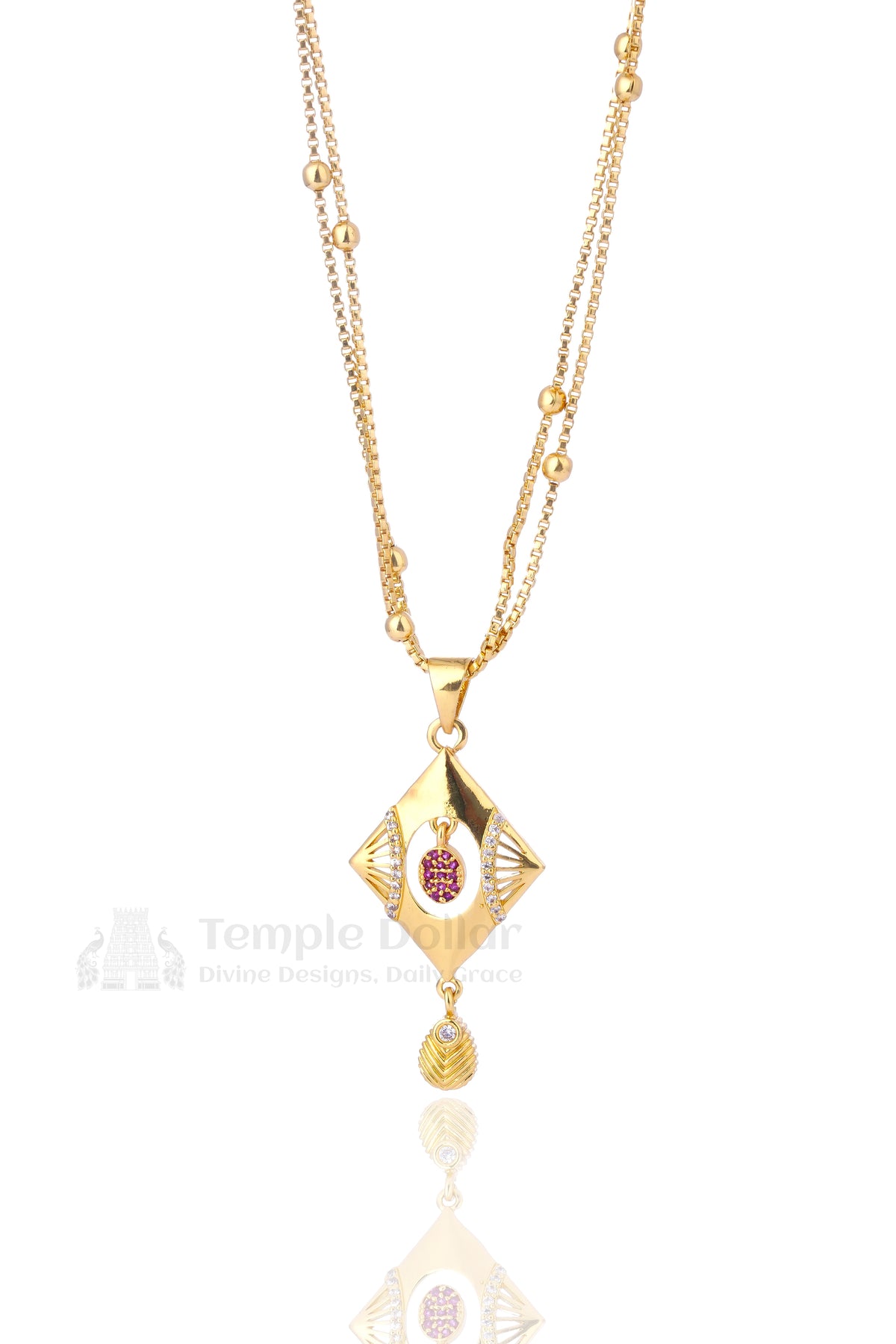 Pendant chain for women - white AD stone daily wear gold necklace with pink accents 
